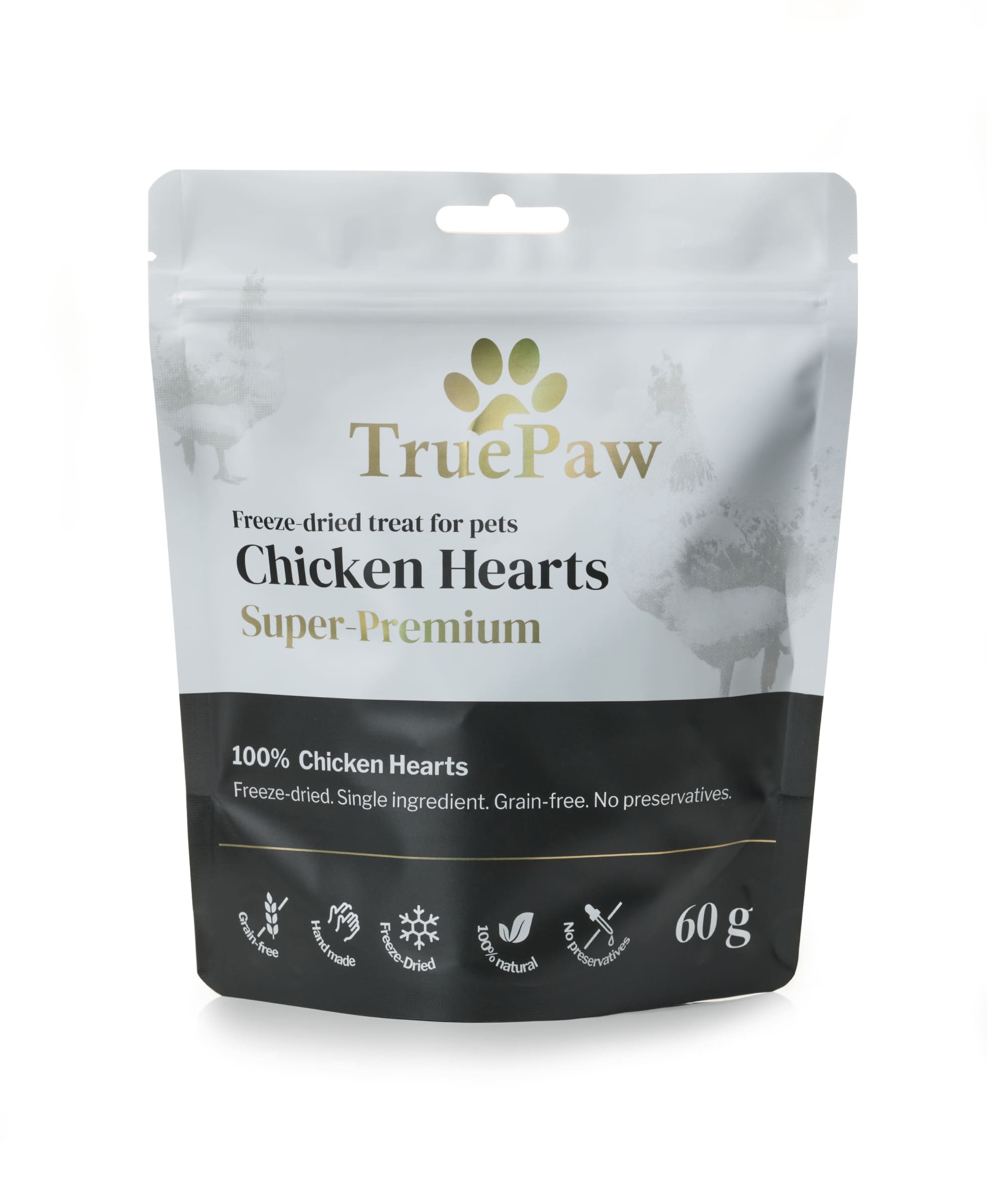 Freeze-dried chicken hearts pet treats. Image shows a raw beef tongue above an arrow pointing down to sliced freeze-dried treats. Grain-free, handmade, 100% natural, no preservatives.
